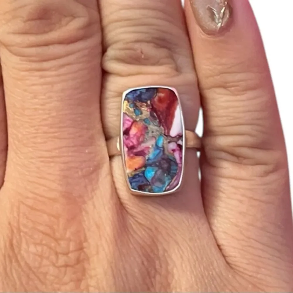 925 Sterling Silver Pink Dahlia Blue Turquoise Copper Inlaid Ring Size 7